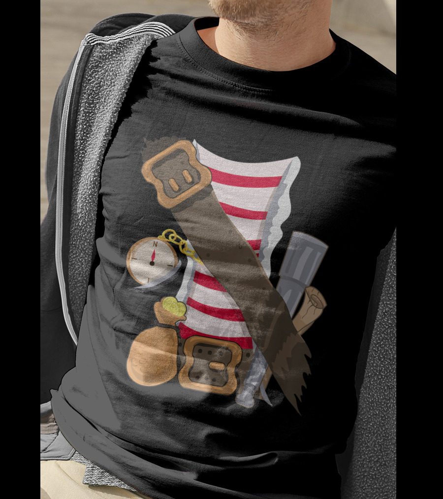 Kids Pirate Buccaneer Striped Shirt With Compass And Treasure Elements T-Shirt