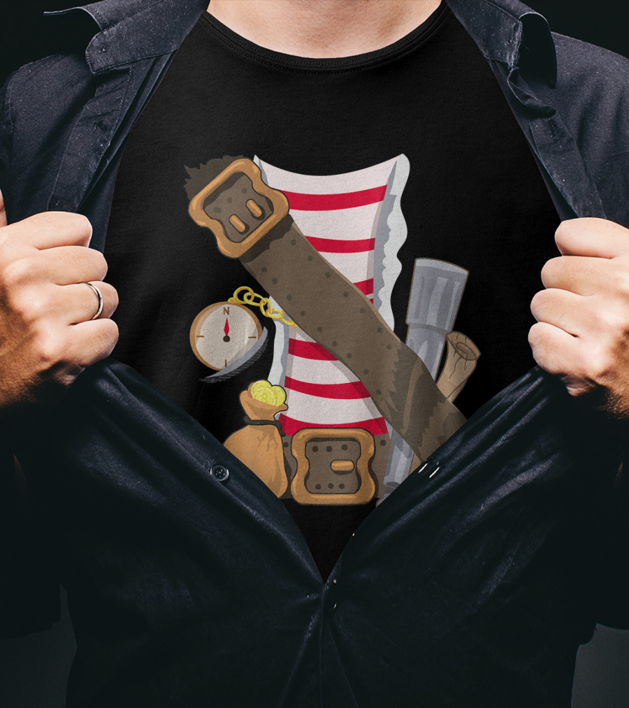 Kids Pirate Buccaneer Striped Shirt With Compass And Treasure Elements T-Shirt