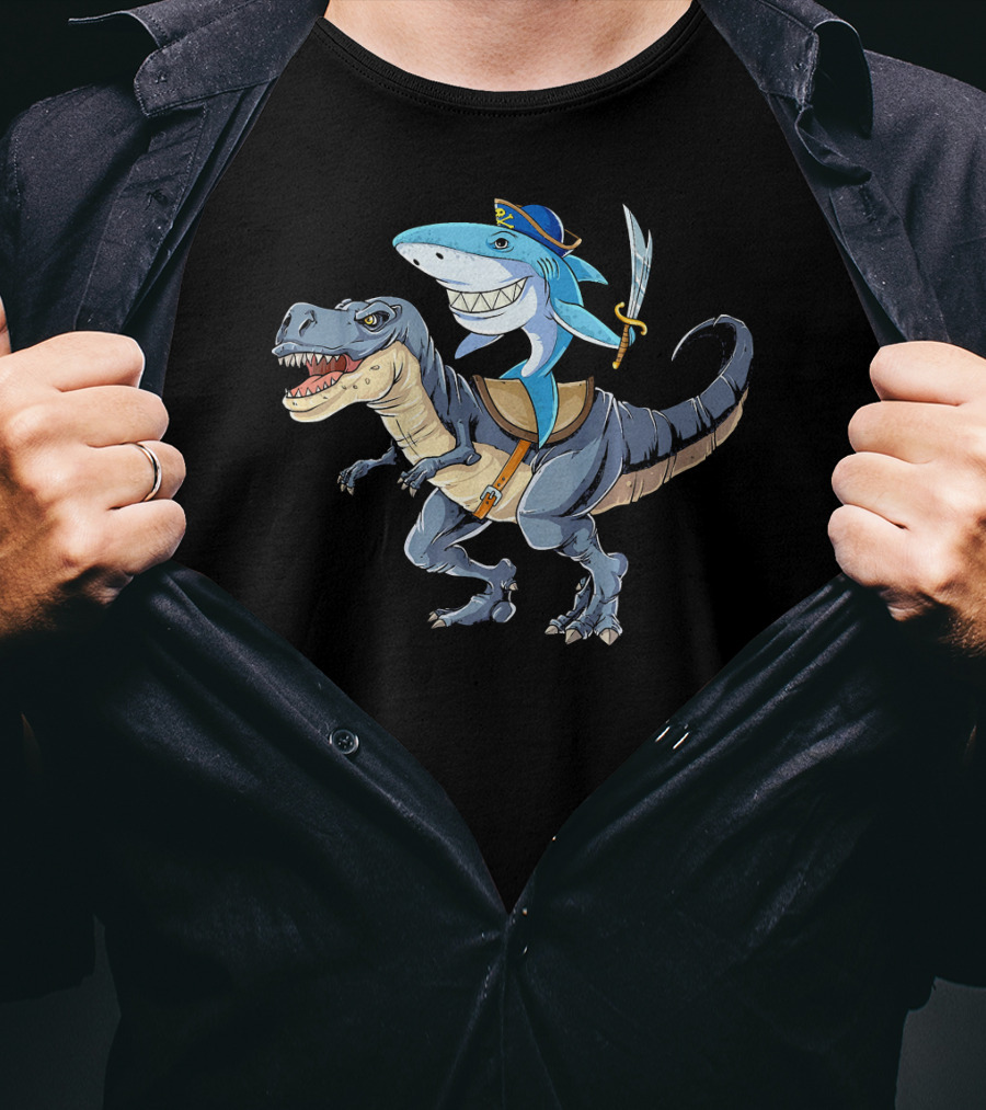 Shark Riding Dinosaur Rex Pirate With Sword T-Shirt