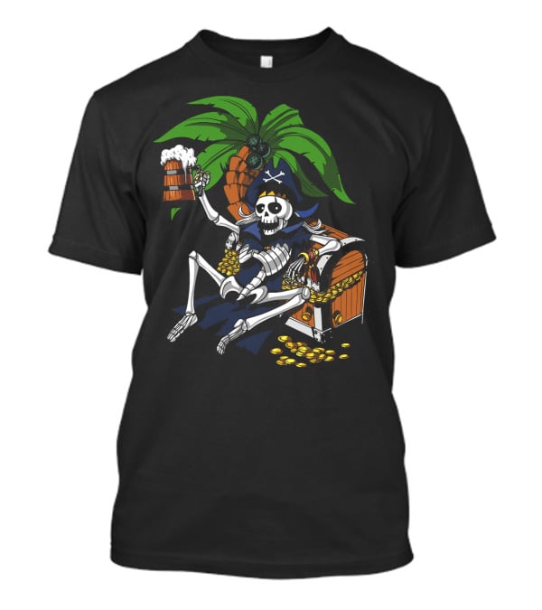 Skeleton Pirate Toasting With Treasure Chest Palm Tree Scene T-Shirt