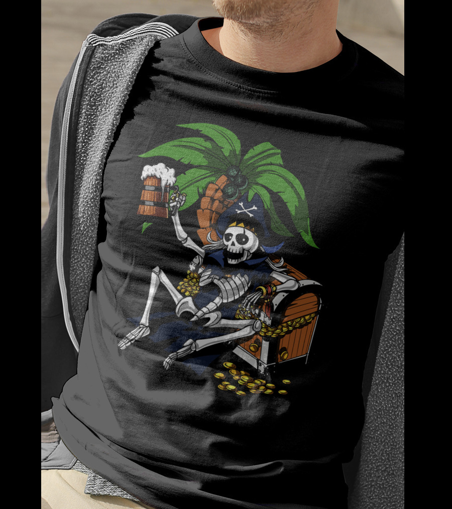 Skeleton Pirate Toasting With Treasure Chest Palm Tree Scene T-Shirt