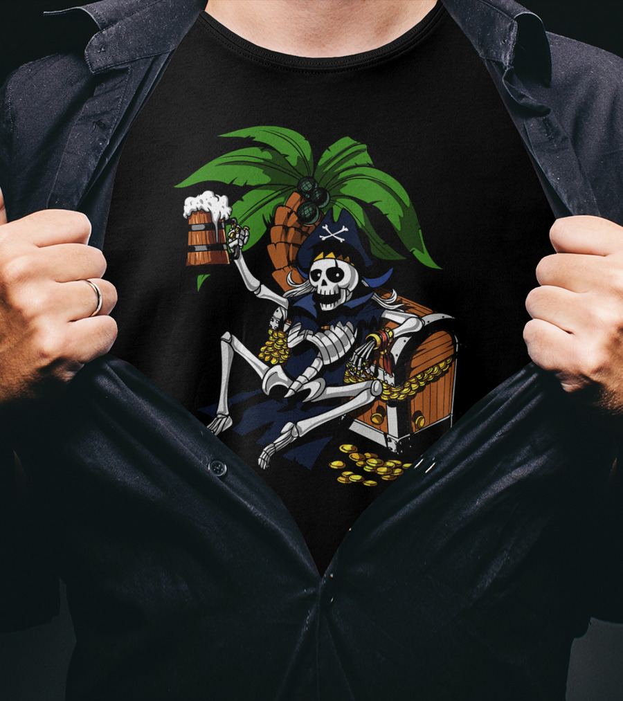 Skeleton Pirate Toasting With Treasure Chest Palm Tree Scene T-Shirt