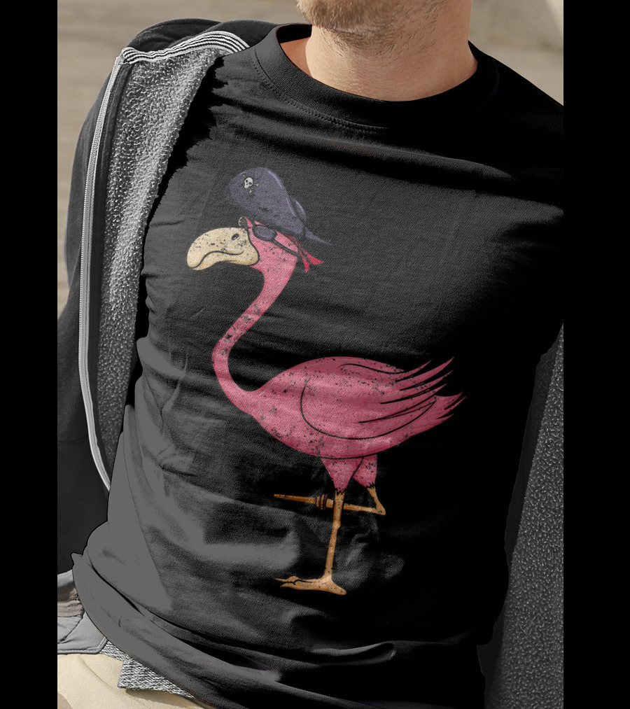Vintage Pink Flamingo Pirate With Eyepatch And Skull Hat T-Shirt