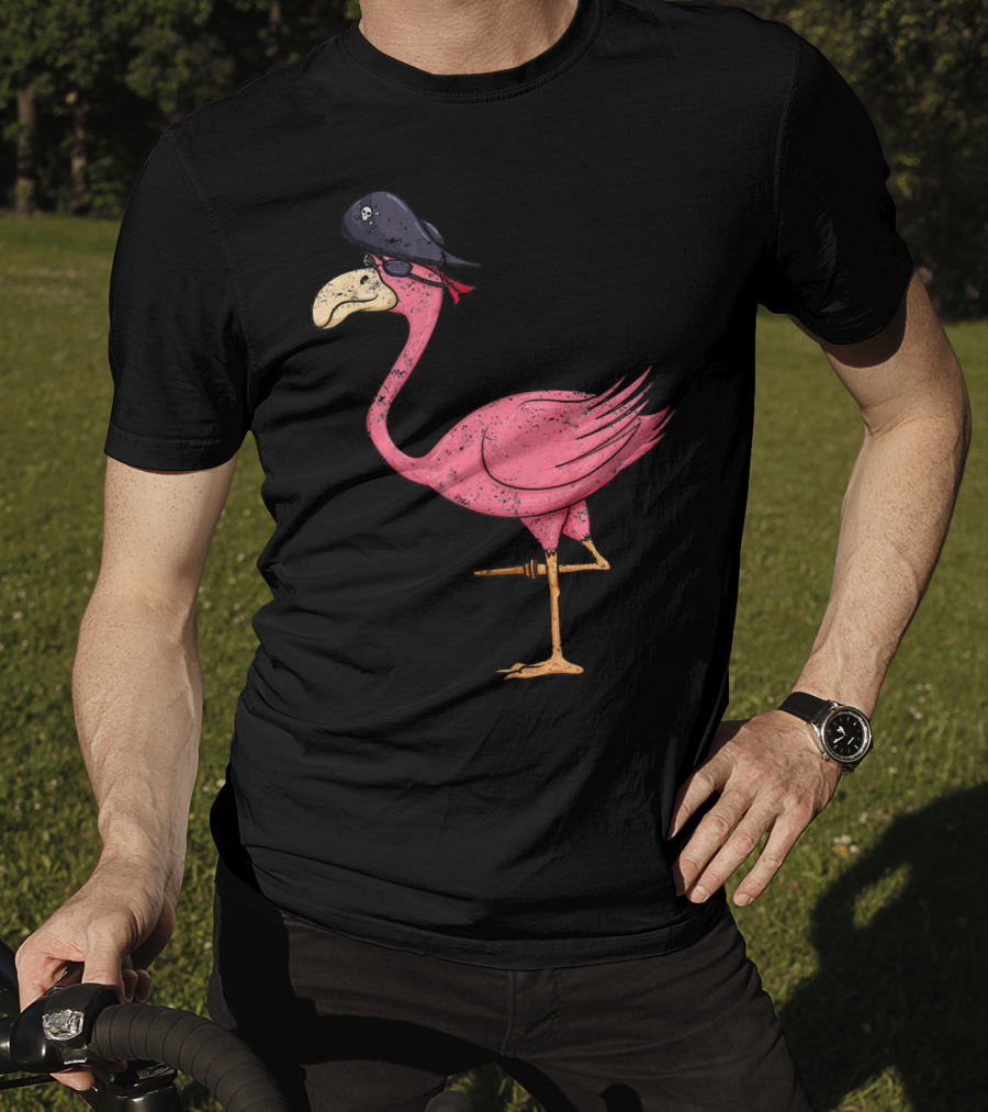 Vintage Pink Flamingo Pirate With Eyepatch And Skull Hat T-Shirt