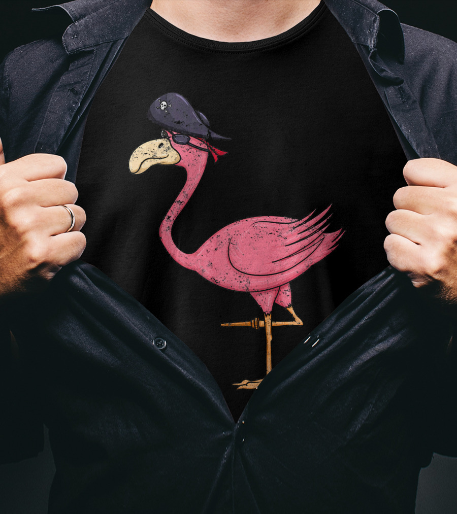 Vintage Pink Flamingo Pirate With Eyepatch And Skull Hat T-Shirt