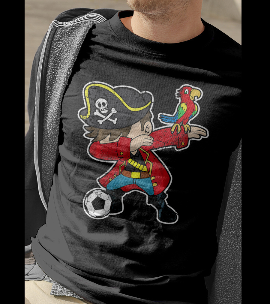 Dabbing Soccer Pirate With Parrot And Skull Hat T-Shirt