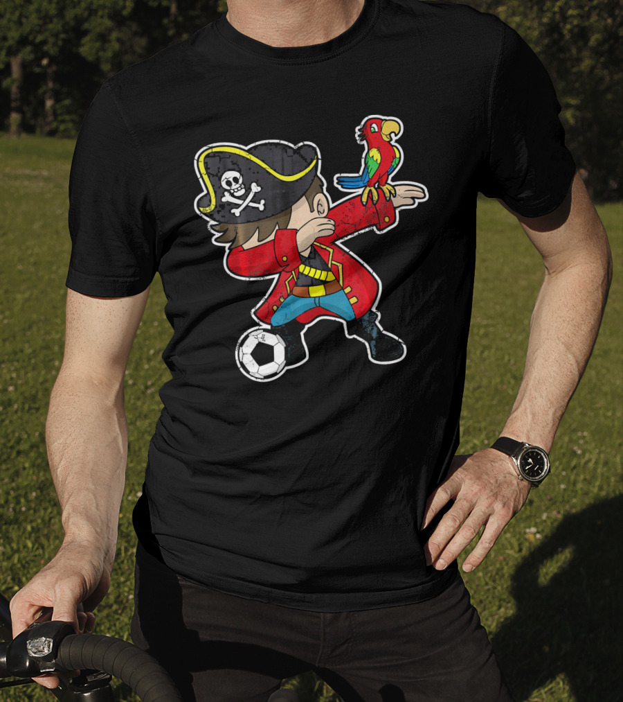 Dabbing Soccer Pirate With Parrot And Skull Hat T-Shirt