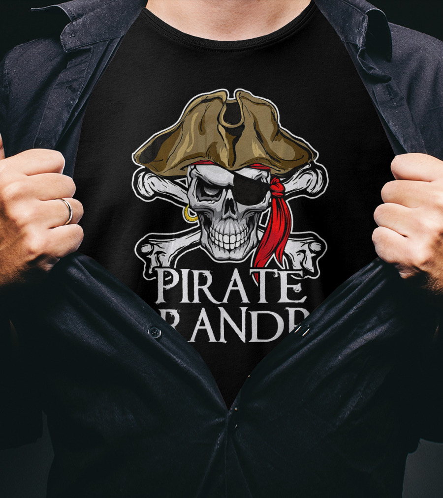 Pirate Grandpa Skull Crossbones Hat Eye Patch Red Bandana T-Shirt