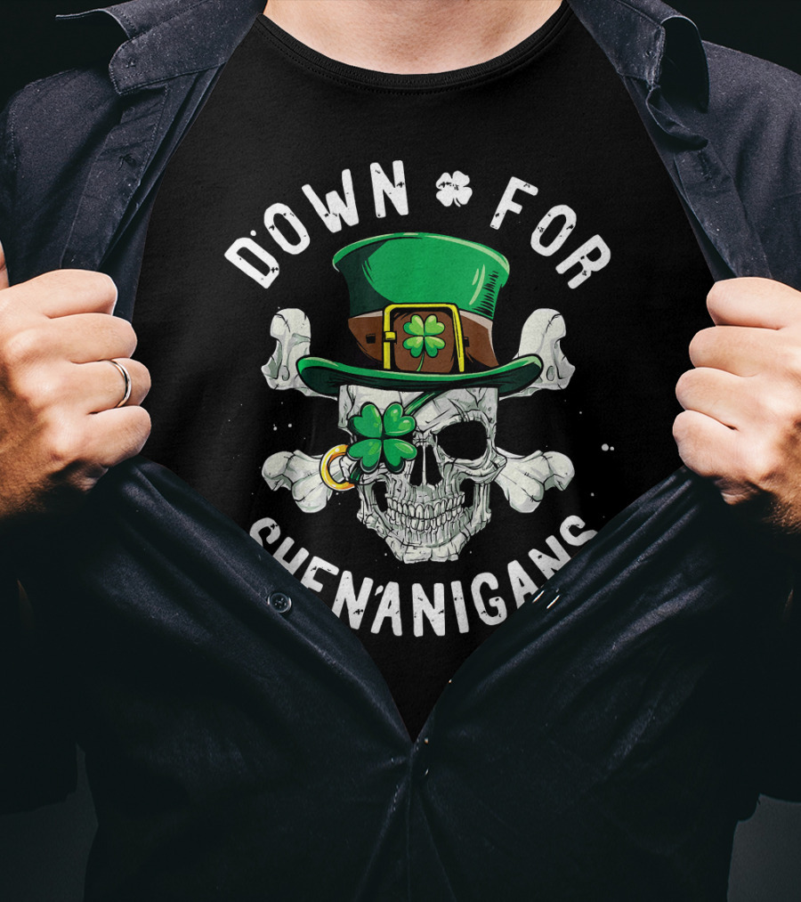 Down For Shenanigans Skull With Clover Hat St Patricks T-Shirt