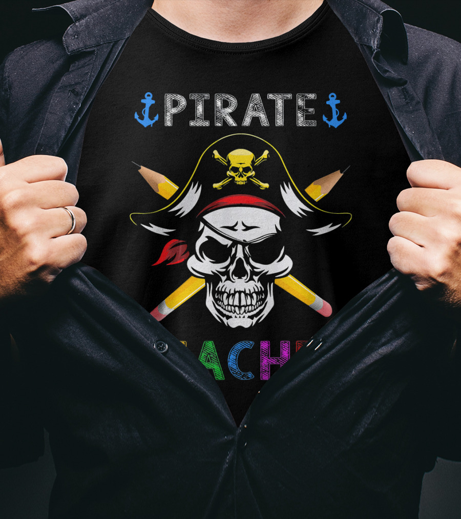 Pirate Teacher Skull With Crossed Pencils And Anchors T-Shirt