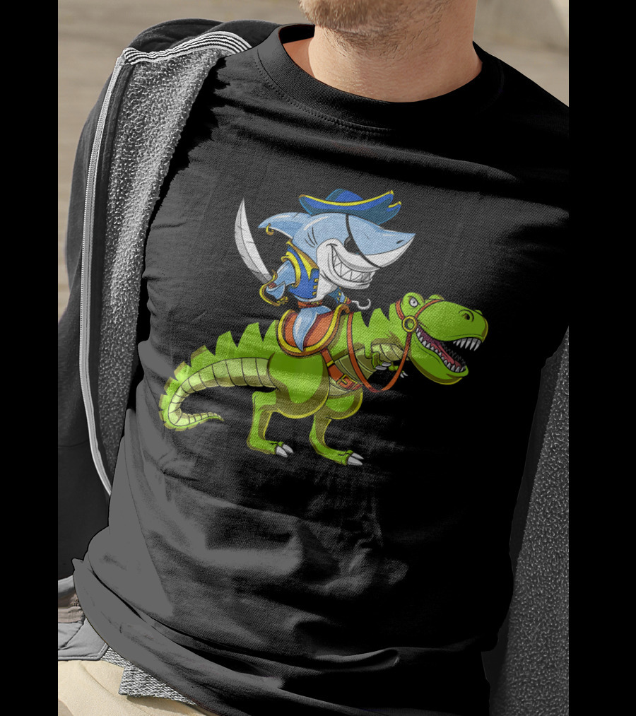 Shark Pirate On T-Rex Dinosaur T-Shirt