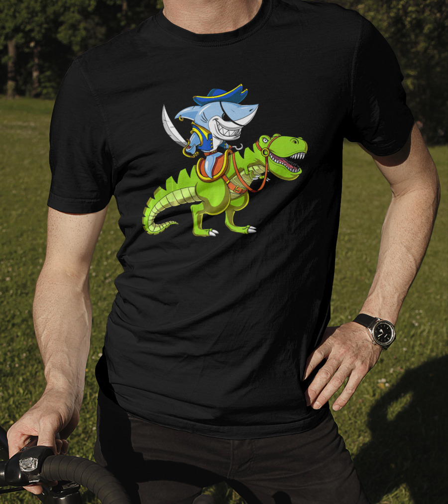 Shark Pirate On T-Rex Dinosaur T-Shirt