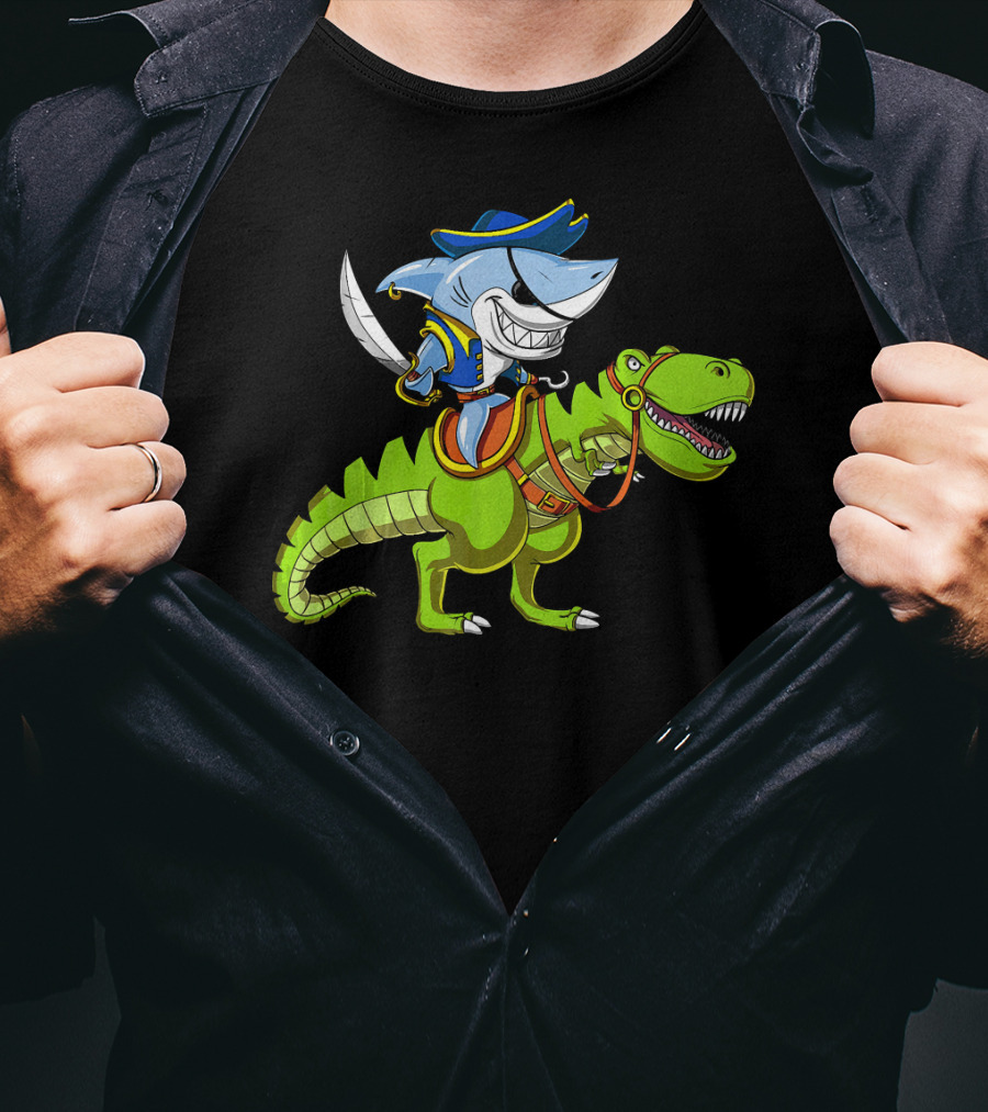 Shark Pirate On T-Rex Dinosaur T-Shirt