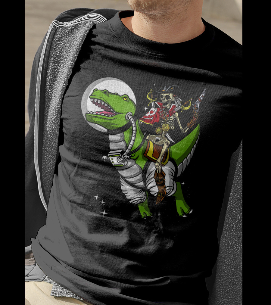 Skeleton Pirate Riding T-Rex Dinosaur With Spacesuit And Blaster T-Shirt
