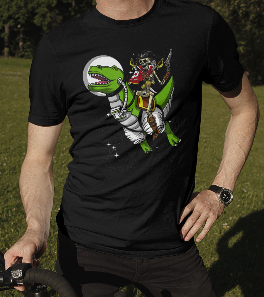 Skeleton Pirate Riding T-Rex Dinosaur With Spacesuit And Blaster T-Shirt