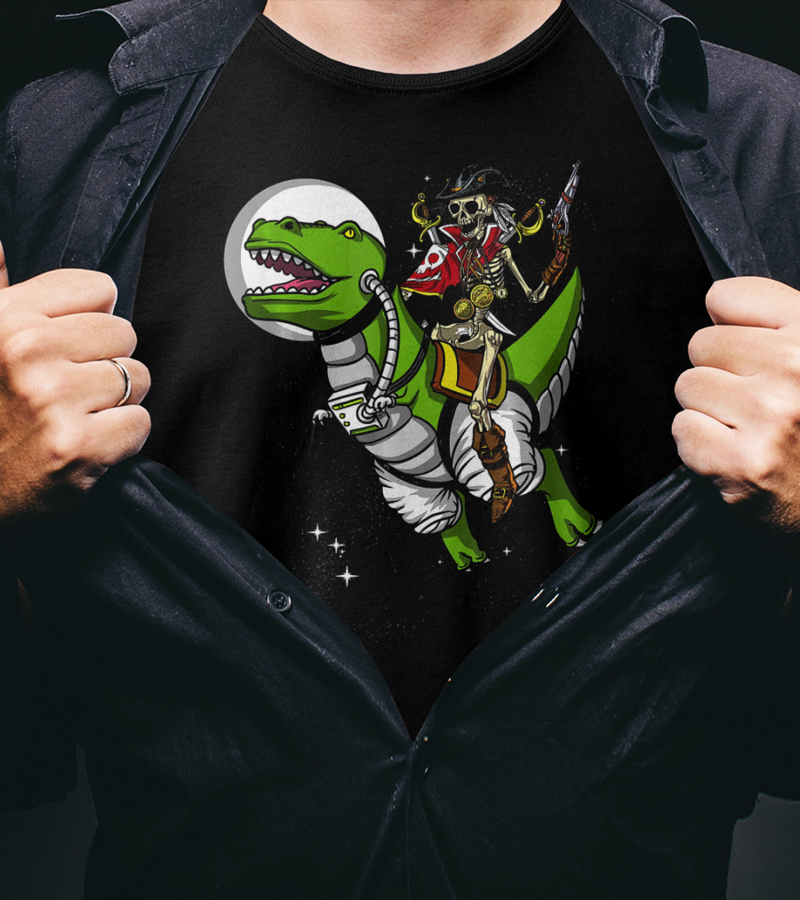 Skeleton Pirate Riding T-Rex Dinosaur With Spacesuit And Blaster T-Shirt
