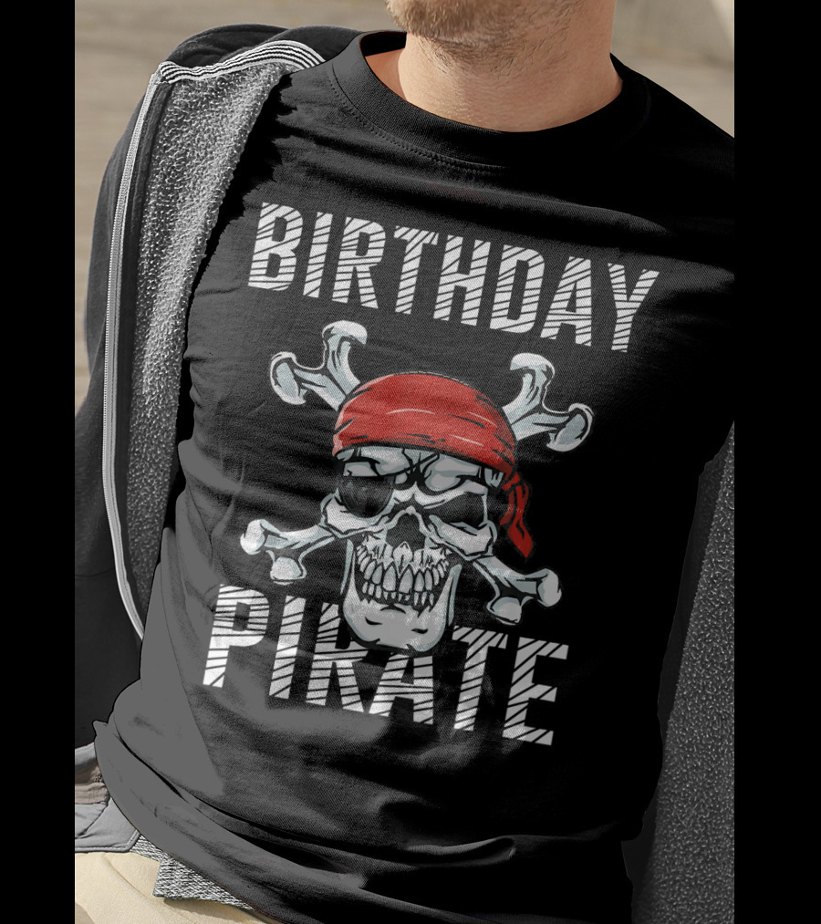BIRTHDAY PIRATE Skull With Red Bandana And Crossbones T-Shirt