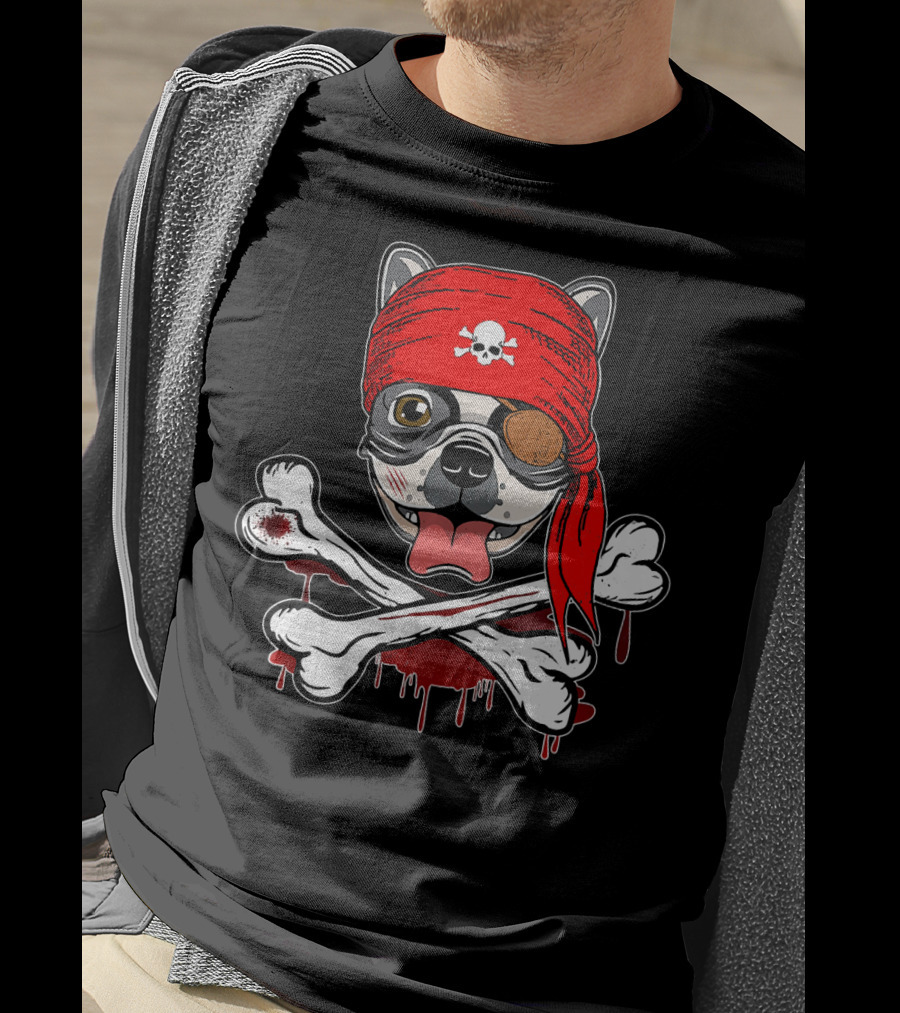 Funny Pirate French Bulldog With Skull Bandana And Crossbones T-Shirt