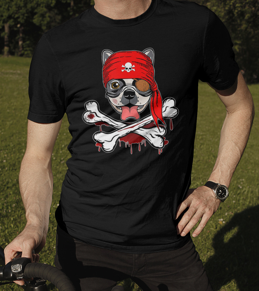 Funny Pirate French Bulldog With Skull Bandana And Crossbones T-Shirt