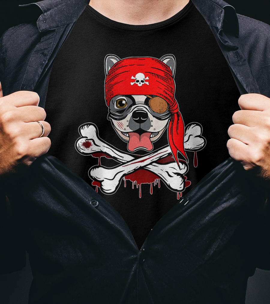 Funny Pirate French Bulldog With Skull Bandana And Crossbones T-Shirt