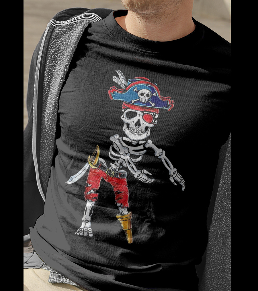 Pirate Skeleton Flossing Dance Red Pants Skull Hat Eyepatch Sword T-Shirt