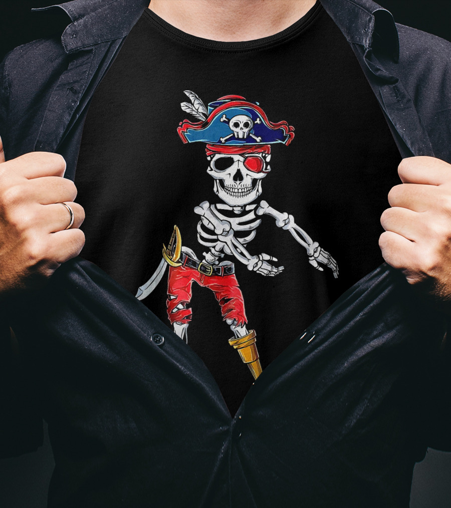 Pirate Skeleton Flossing Dance Red Pants Skull Hat Eyepatch Sword T-Shirt