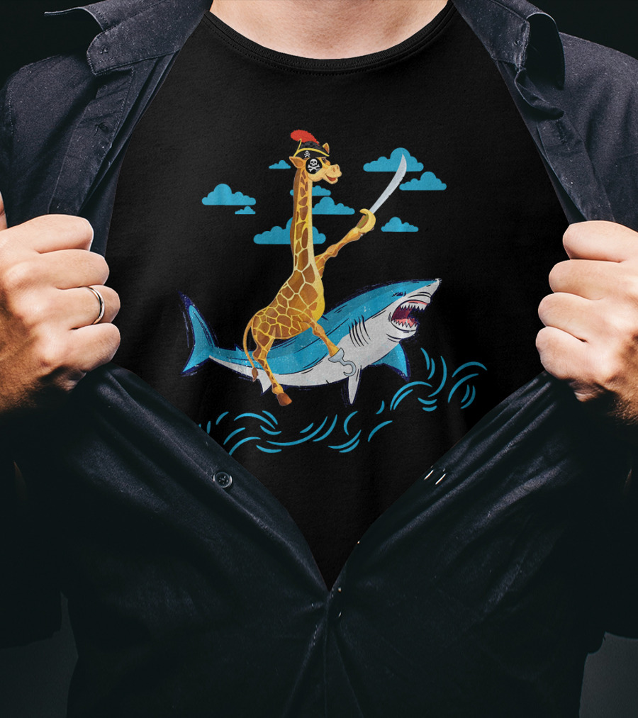 Giraffe Pirate Riding Shark With Sword Adventure T-Shirt