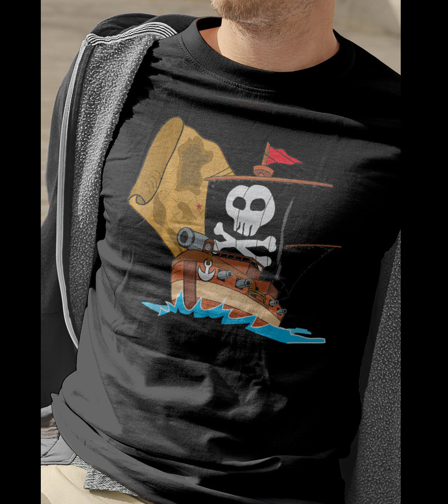 Pirate Ship With Jolly Roger And Treasure Map T-Shirt
