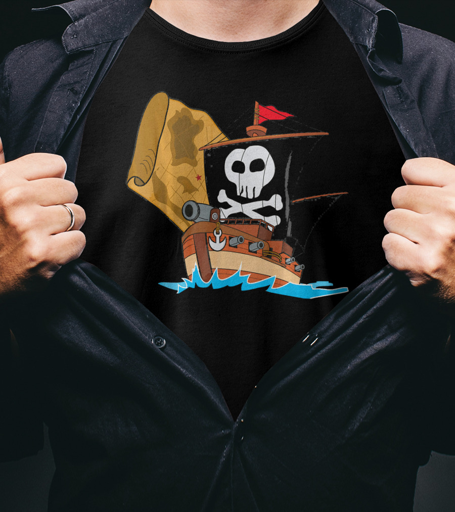 Pirate Ship With Jolly Roger And Treasure Map T-Shirt