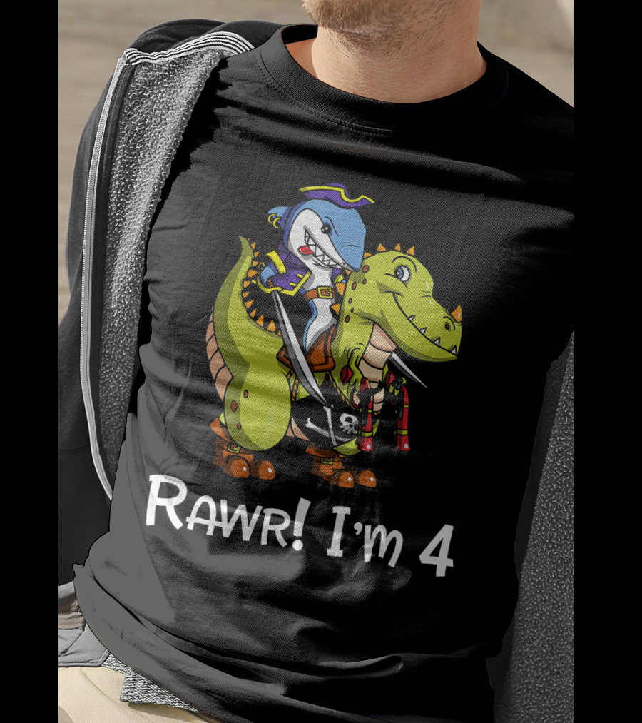 Rawr Dinosaur Shark Pirate Birthday Party I'm 4 T-Shirt