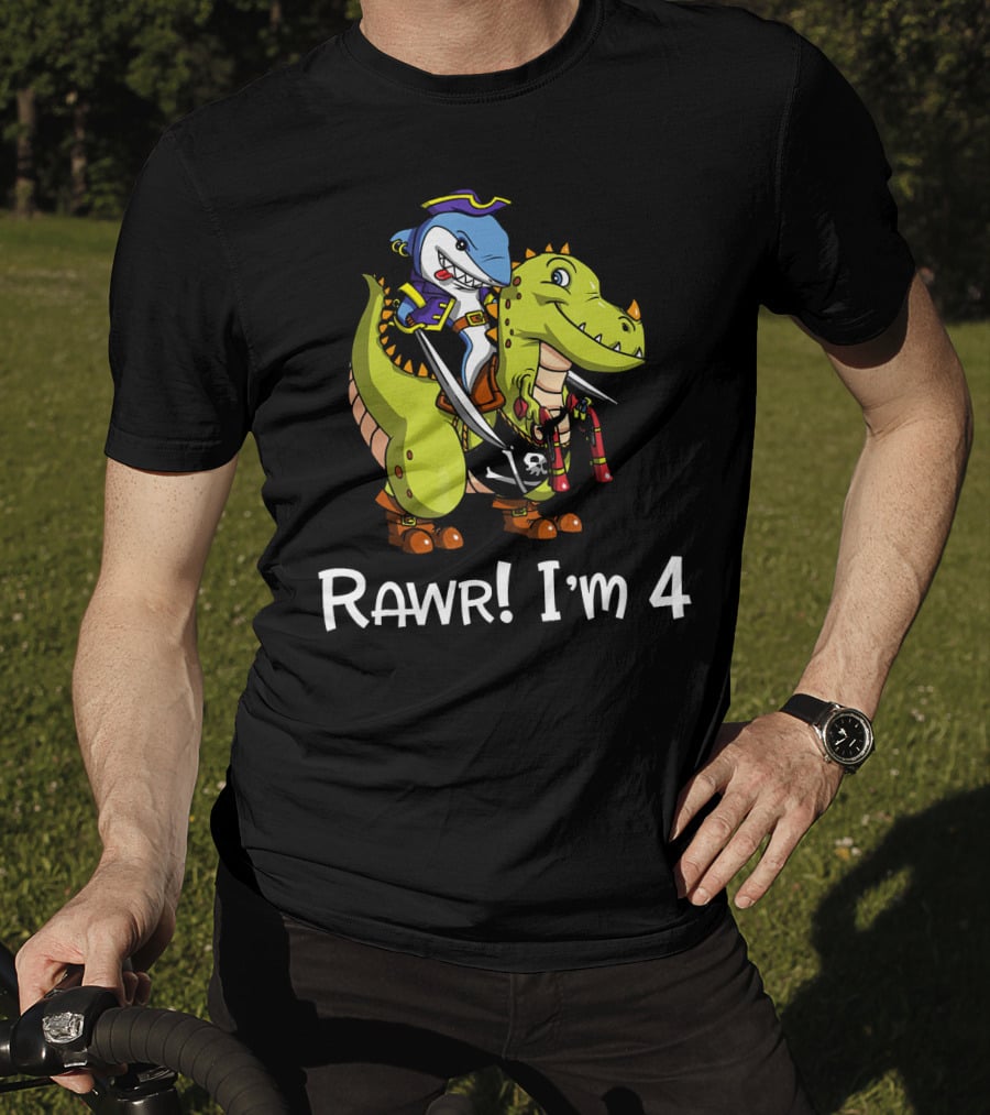 Rawr Dinosaur Shark Pirate Birthday Party I'm 4 T-Shirt