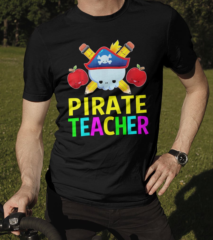 Pirate Teacher Halloween Costume Skull Pencils Apples T-Shirt