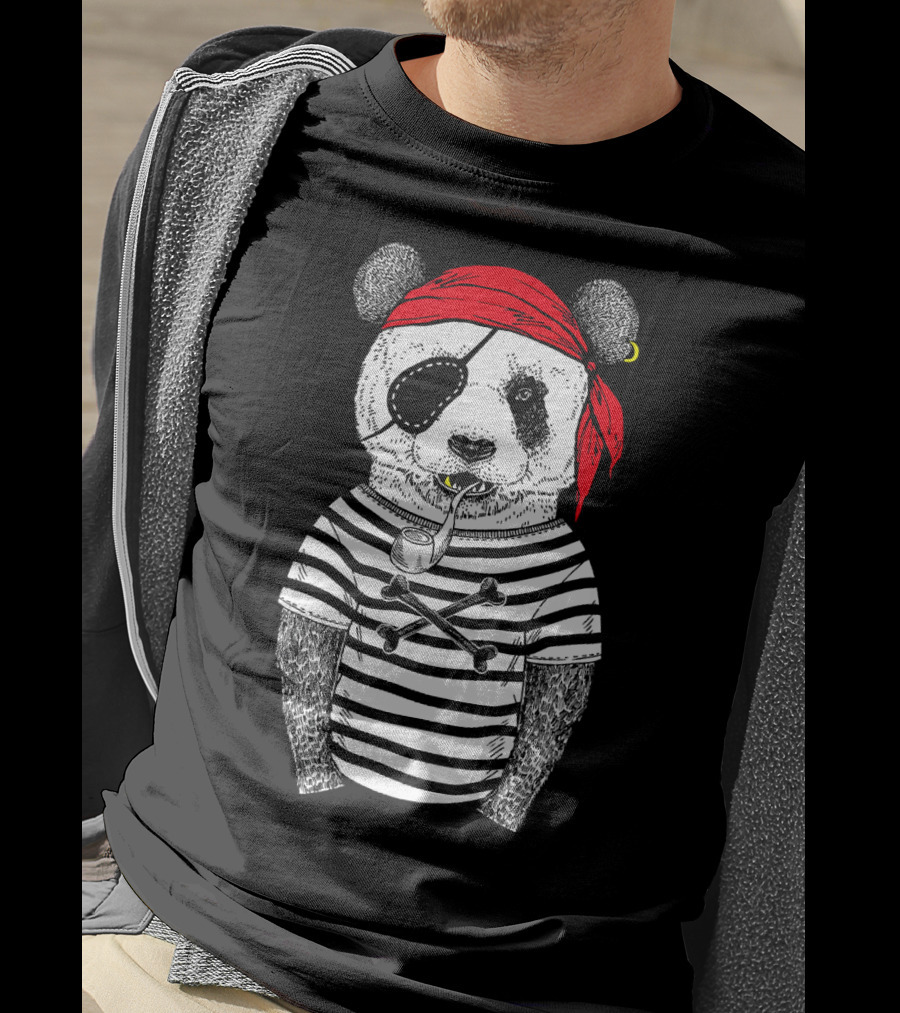 Panda Bear Pirate Wearing Striped Shirt With Red Bandana And Eye Patch T-Shirt
