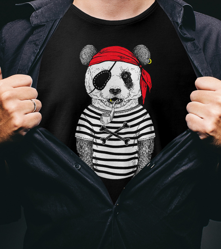 Panda Bear Pirate Wearing Striped Shirt With Red Bandana And Eye Patch T-Shirt
