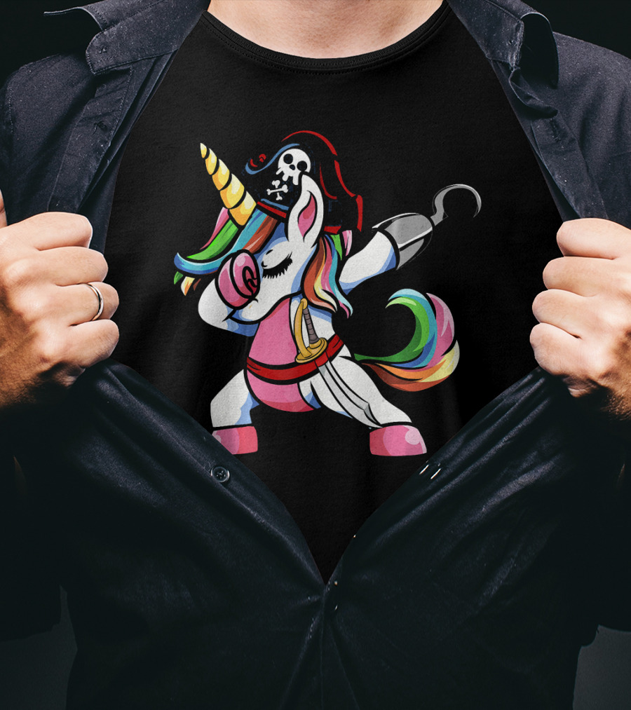 Halloween Dabbing Pirate Unicorn With Rainbow Mane And Hook T-Shirt