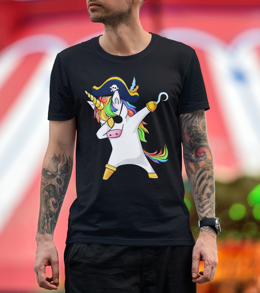 Funny Dabbing Unicorn Pirate with Rainbow Hair and Skull Hat T-Shirt