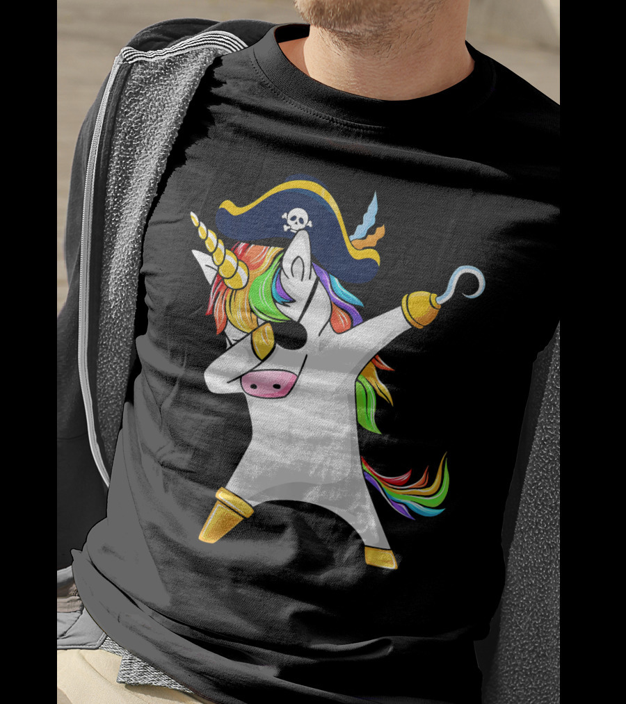Funny Dabbing Unicorn Pirate With Rainbow Hair And Skull Hat T-Shirt
