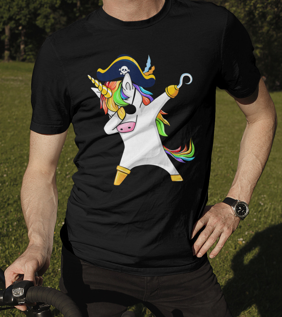 Funny Dabbing Unicorn Pirate With Rainbow Hair And Skull Hat T-Shirt