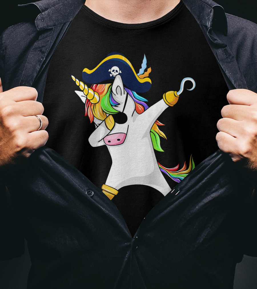 Funny Dabbing Unicorn Pirate With Rainbow Hair And Skull Hat T-Shirt