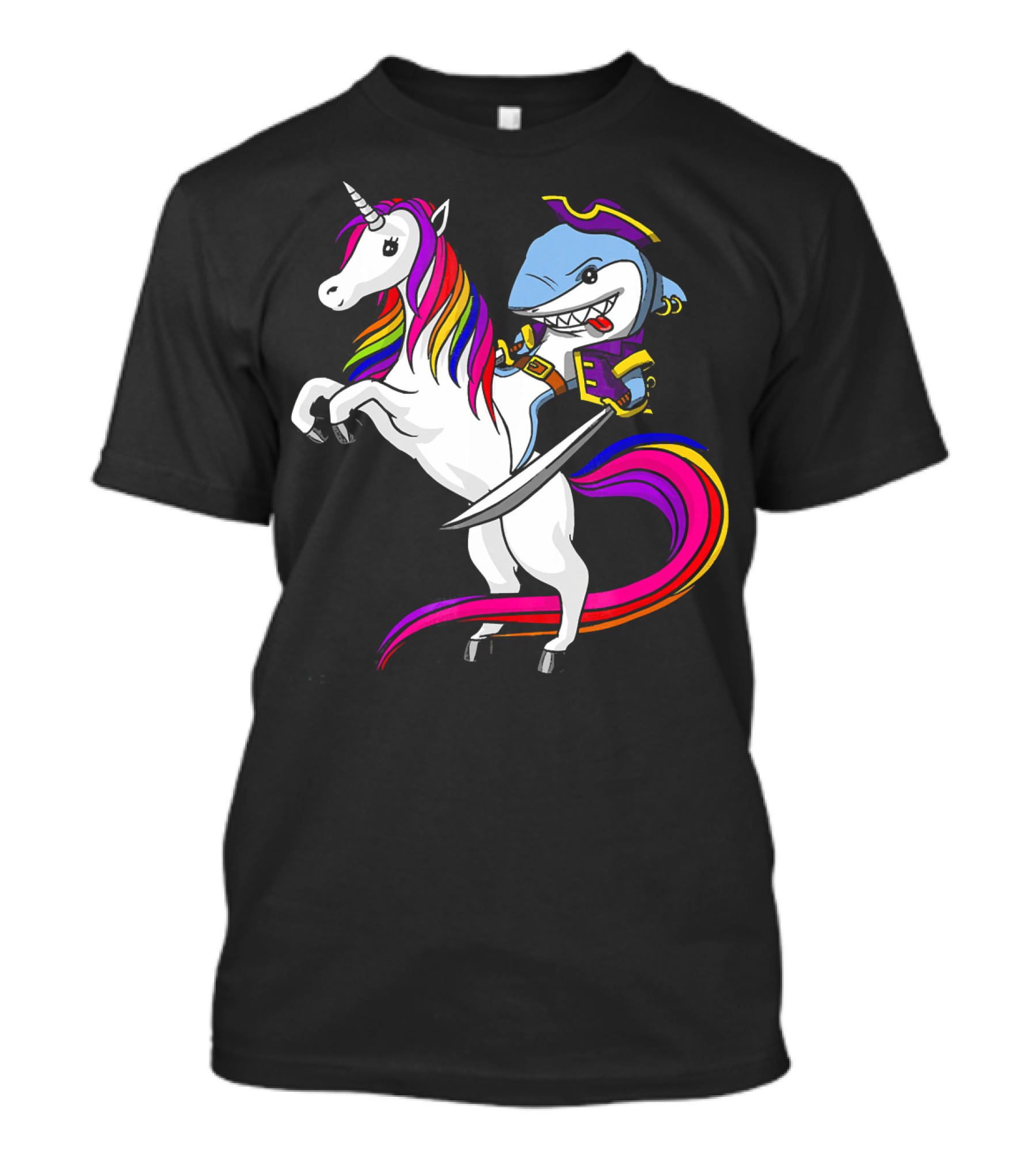 Shark Pirate Riding Rainbow Unicorn Magical Adventure T-Shirt