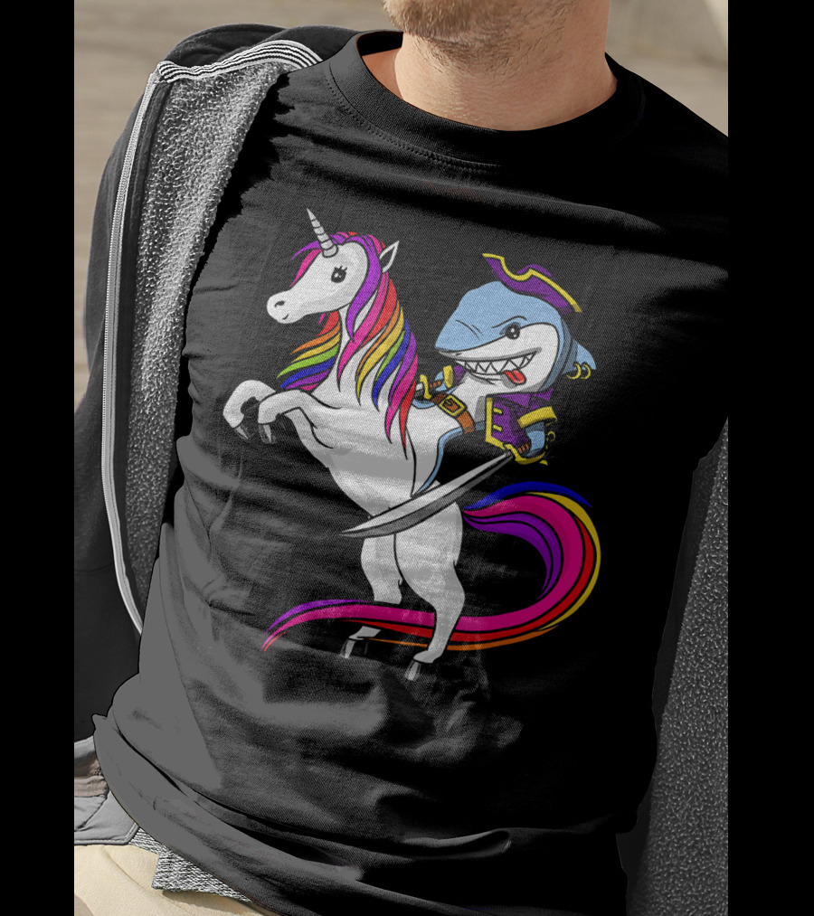 Shark Pirate Riding Rainbow Unicorn Magical Adventure T-Shirt