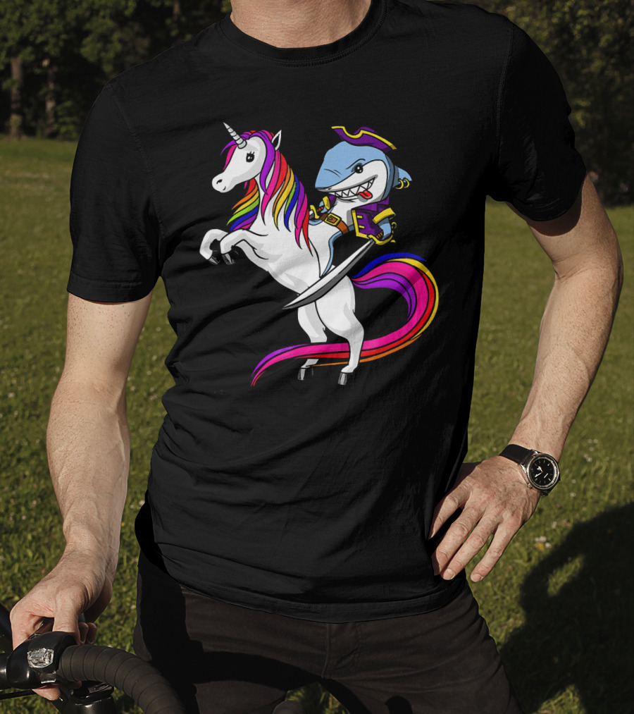 Shark Pirate Riding Rainbow Unicorn Magical Adventure T-Shirt