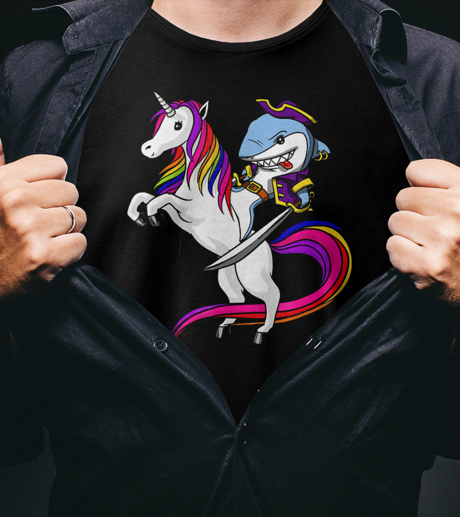 Shark Pirate Riding Rainbow Unicorn Magical Adventure T-Shirt