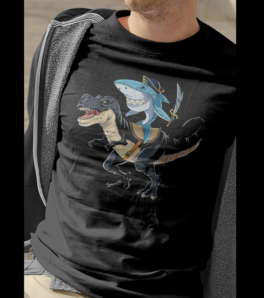 Pirate Shark Riding Dinosaur T-Shirt