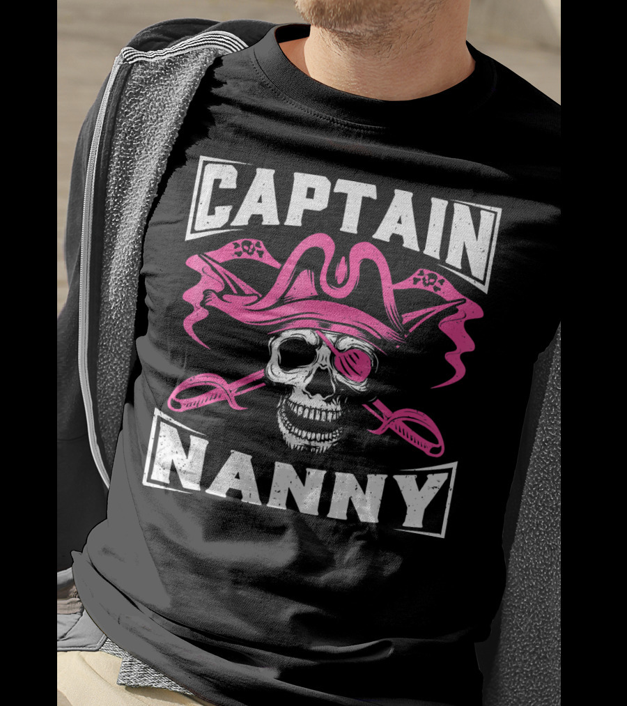 Captain Nanny Skull Pink Pirate Hat Crossed Swords T-Shirt