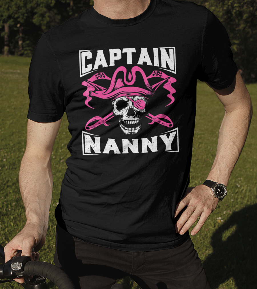 Captain Nanny Skull Pink Pirate Hat Crossed Swords T-Shirt
