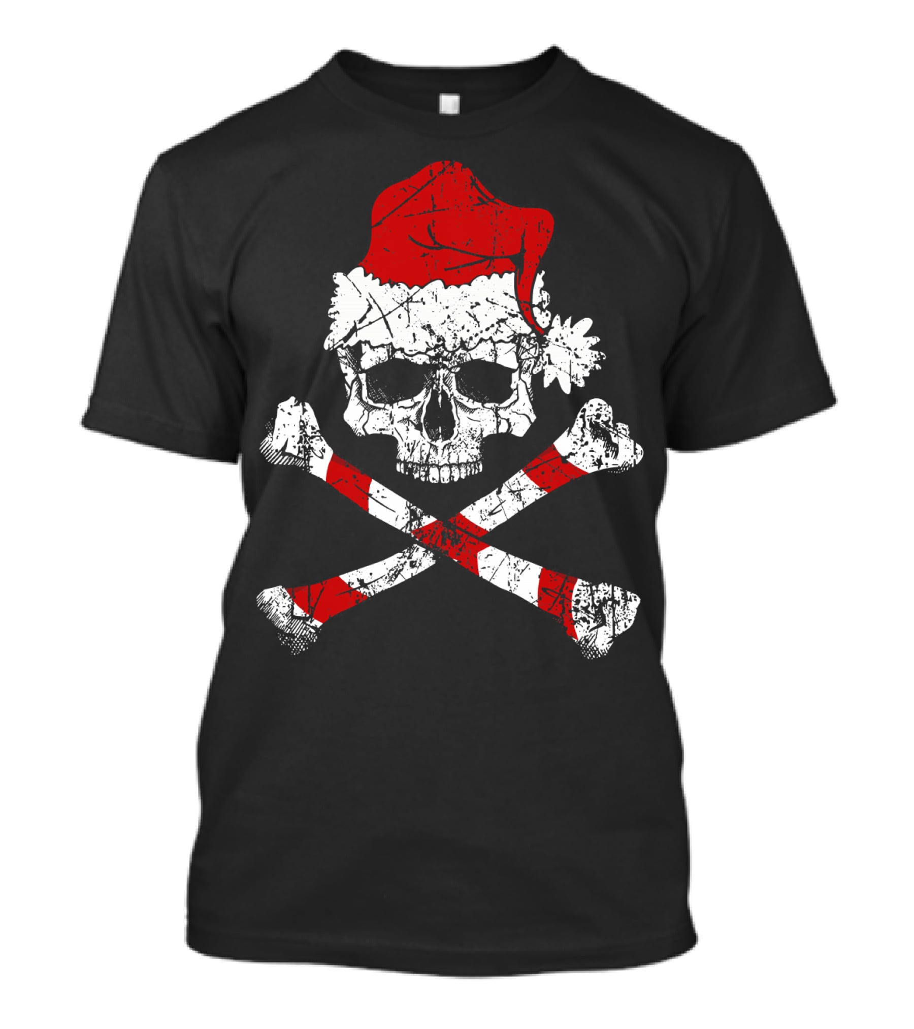 Pirate Christmas Skull With Santa Hat And Candy Cane Crossbones T-Shirt