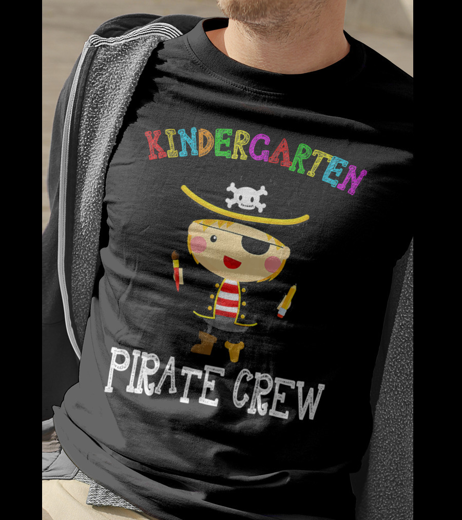 Kindergarten Pirate Crew Sketched Colorful Text With Pirate Boy Holding Crayons T-Shirt