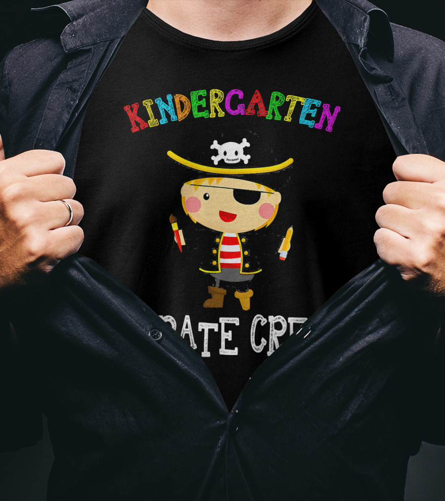 Kindergarten Pirate Crew Sketched Colorful Text With Pirate Boy Holding Crayons T-Shirt