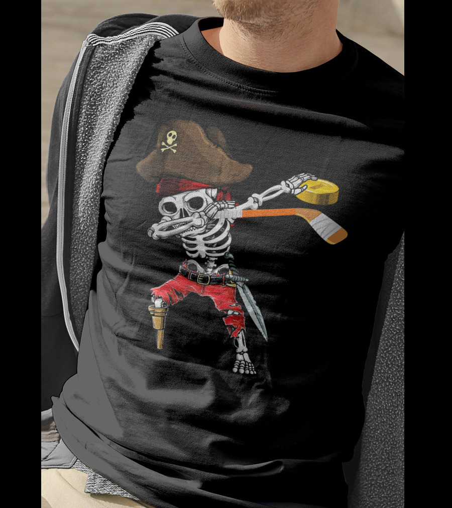Dabbing Skeleton Jolly Roger Pirate Hockey Stick Ice T-Shirt